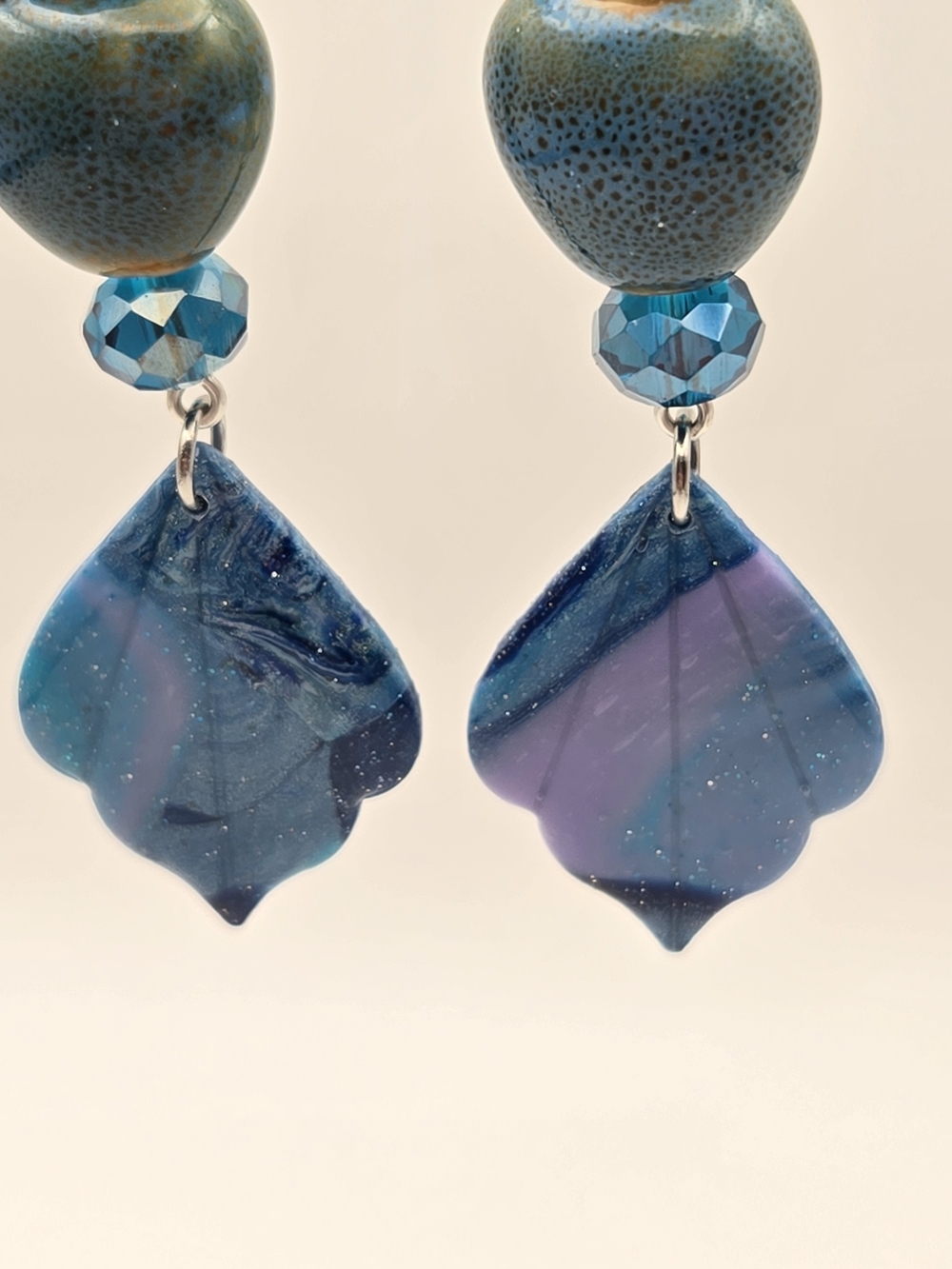 #B457- Blue Heart & Petal Drop Earrings - Artisan Glass Beads - Picture 4 of 4
